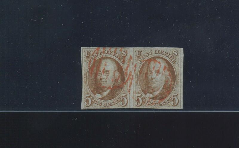 Scott #1 Franklin Imperf Used Pair of 2 Stamps (Stock 1-199)