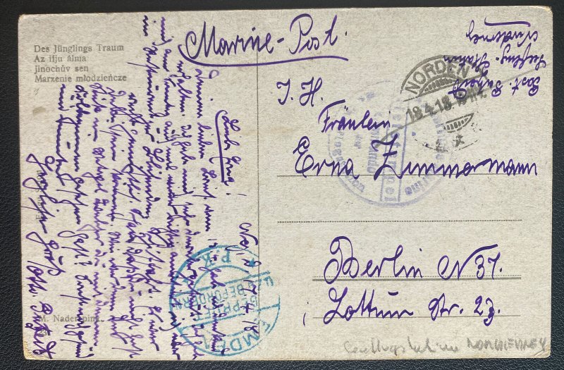 1918 Norden Germany Navy Post Sea Flight Station Postcard Cover To Berlin