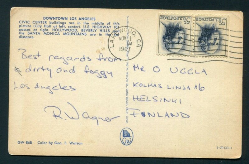 1967 Los Angeles Postcard - Lakewood, California to Helsinki, Finland