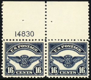 C5, Mint VF NH 16¢ Pair of Airmail Stamps With PL# CV $240 * Stuart Katz