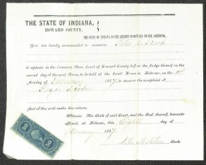 USA R54c REVENUE STAMP COURT SUMMONS DEMAND KOKOMO INDIANA 1867