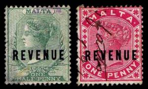 c.1890 MATLA #BH1-2 REVENUE STAMPS - USED - VF & F/VF - EST$30.00 (ESP#2839)