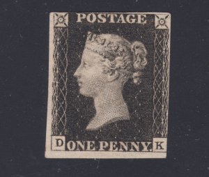 Great Britain Sc 1 MLH. 1840 Penny Black, corner letters D-K, Plate 6, Cert