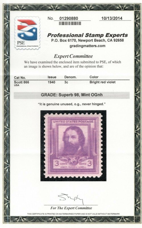 #866 w/PSE Cert. SMQ $50 (JH 4/14/2020) 