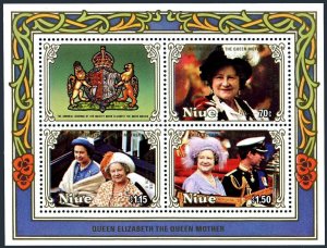 Niue 476-478,478a,479 sheets,MNH.Mi 618-621 klb. Queen Mother,85th birthday.1985