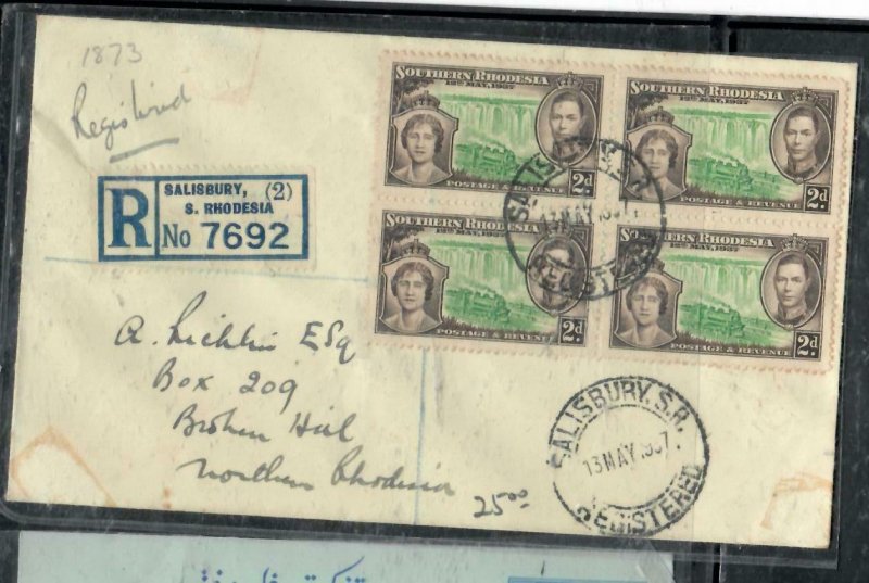 SOUTHERN RHODESIA COVER (P1808B) 1937 KGVI CORONATION 2D REG COVER TO N RHODESI