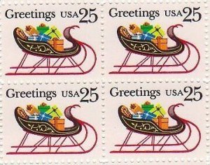 1989 Christmas Sleigh of Presents Block of 4 25c Postage Stamps, Sc#2428, MNH,OG