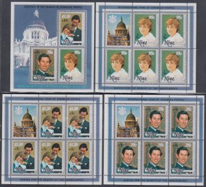 NIUE Sc# B42-5 CPL MNH SHHETS of 5 SETS + S/S - CHARLES and DIANA SURCHARGED