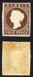 Gambia SG1 4d Brown No Wmk M/M (hinge remainder) Cat 600 pounds