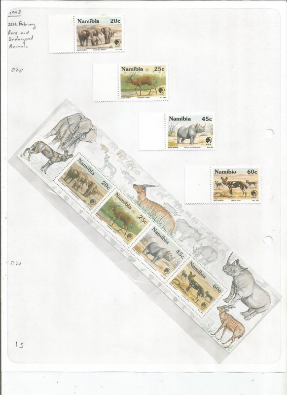 NAMIBIA - 1993 -  Endangered Animals - Perf 4v & Souv Sheet - Mint Light Hinged