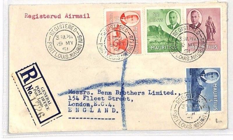 MAURITIUS Cover Port Louis GPO REGISTERED Air Mail London 1951 BH30