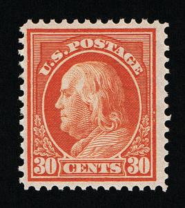 GENUINE SCOTT #420 F-VF MINT OG H 1914 ORANGE RED PERF-12 SL-WATERMARK #7093