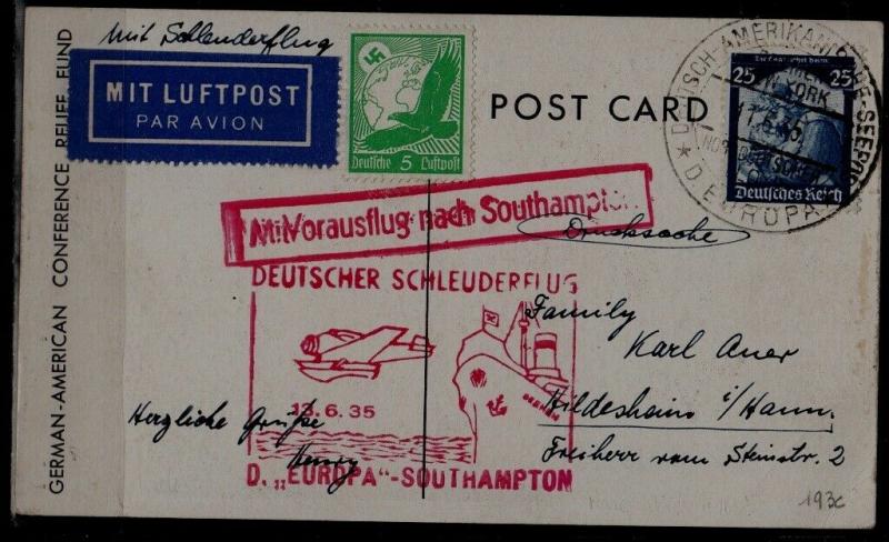 Germany Catapult card 13.6.35 Europa-Southampton, light crease