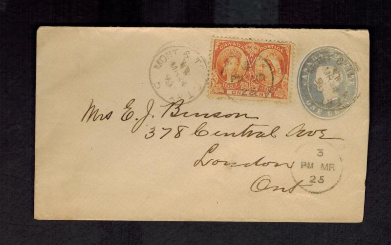 1893 Montreal Canada Cover to London Uprated Postal Stationery Envelope