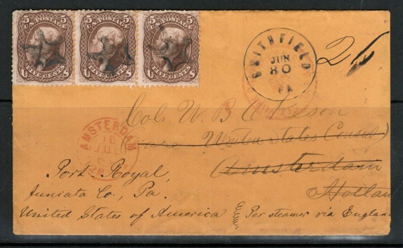 USA #76 Used Strip Of Three On Cover To Holland With Lovely Markings