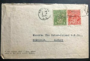 1934 Brisbane Australia Slogan Cancel Cover To Honolulu Hawaii