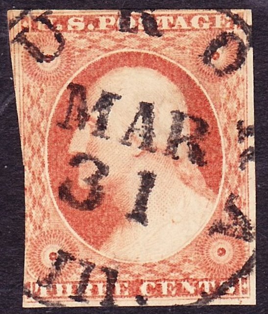 Scott 11A, Used, 3c Imperforate, AURORA, ILL, MAR 31 Cancel, Light Crease