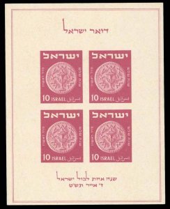 Israel #16 Cat$55, 1949 Tabul souvenir sheet, never hinged