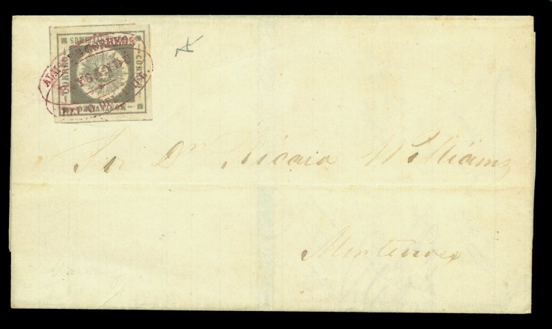 URUGUAY 1859 SUN  60c lilac  Scott # 7 used XF cover PAYSANDU to Montvideo