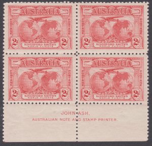 Australia 2d 1931 Kingsford Smith Ash Block of 4, Mint Never hung, Original Gum.