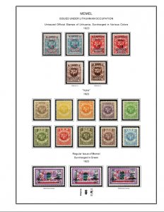 COLOR PRINTED MEMEL 1920-1923 STAMP ALBUM PAGES (14 illustrated pages)