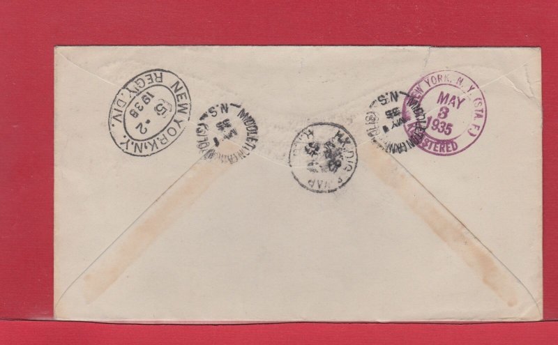 NICE Middleton, N.S. Registered cover 1935 to USA, Canada 13c Citadel single use