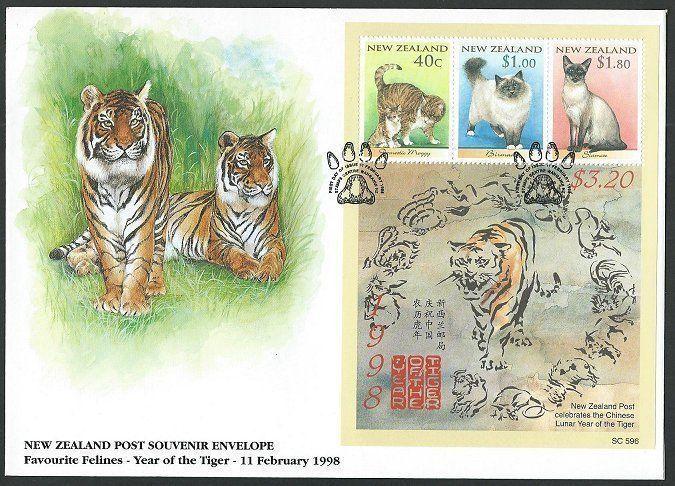 NEW ZEALAND 1998 Year of the Tiger / Cats souvenir sheet FDC...............60644