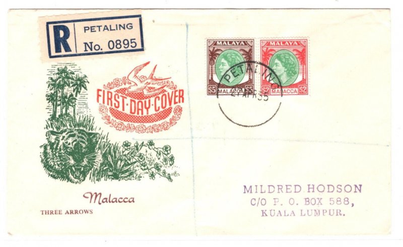 Malaya MALACCA 1955 FDC *Petaling* QEII HIGH VALUES $5 $2 First Day Cover MA1131