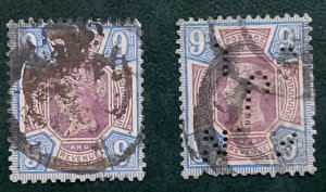 1887-92 Great Britain 9p & 5p Blue & Lilac Used/Perfin/Non Perfin SC#120, 118