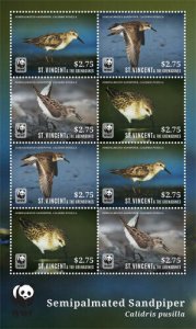 St. Vincent 2014 - WWF Sandpiper Bird, Animals, Nature - Sheet of 8 Stamps - MNH