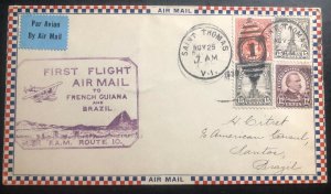 1930 St Thomas VI USA First Flight Airmail Cover FFC To Santo Brazil