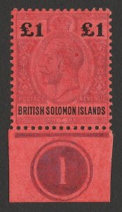 SOLOMON ISLANDS 1914 KGV £1 purple & black on red, plate no 1. MNH **.