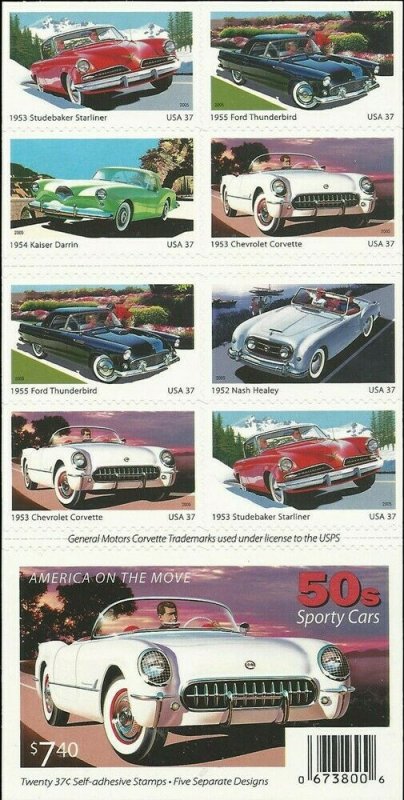 1950's Sporty Cars Collectible Booklet of Twenty 37 Cent Stamps Scott 3935b