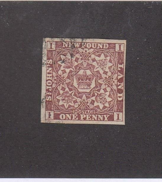 NEWFOUNDLAND (MK6782) # 1 VF-USED 1p 1857 CREST IMPERF /BROWN-VIOLET CV $200