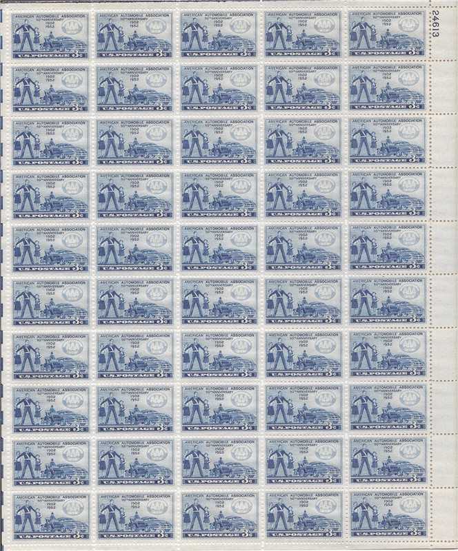 Us Stamp - 1952 Aaa 50th Anniversary - 50 Stamp Sheet - Scott #1007 