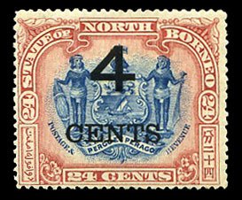 North Borneo #96a (SG 117a) Cat£60, 1899 4c on 24c claret and blue, perf. 16...