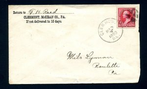 # 220c on cover from Clermont, Pennsylvania, Dead Post Office dated 3-7-1893