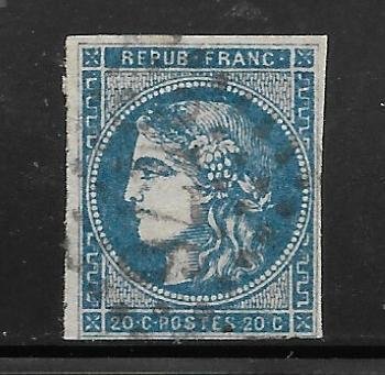 FRANCE - YT #45 20c Blue F VF Used - 4 Margins - Type II - Report II