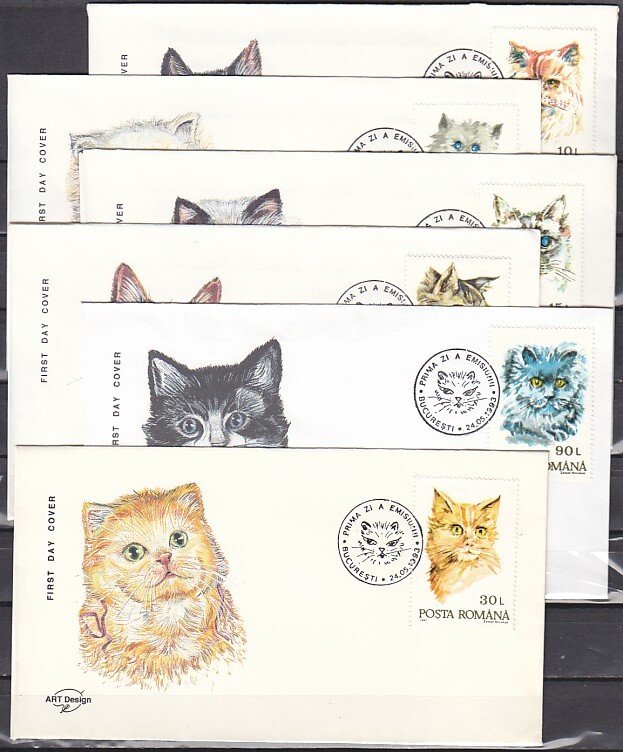 Romania, Scott cat. 3822-3827. Domesticated Cats on 6 First Day Covers. ^