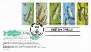 1986 FDC, #2205-2209, 22c Fish, Aristocrat Cachets, strip of 5