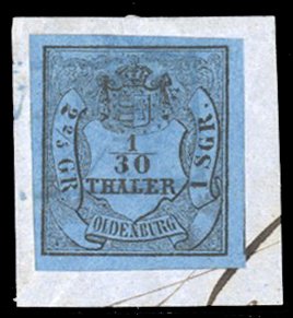 German States, Oldenburg #1 Cat$27.50, 1852 1/30th black on blue, used on piece