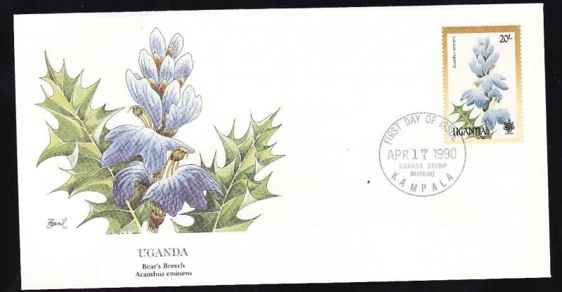 Flora & Fauna of the World #113b-Flower FDC-Bear's Breech-Uganda-single stamp an