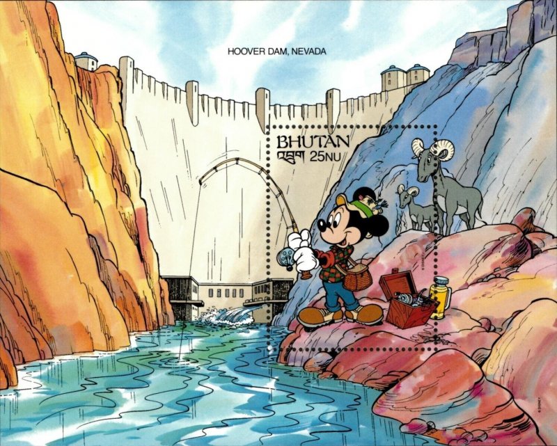 Bhutan 1991 - Disney, World Wonders, Mickey Fishing, Hoover Dam - S/S - MNH 