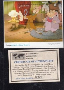 St. Vincent Grenadines MNH S/S 990 Disney's Great Mouse Detective W/Cert.