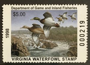 1998 Virginia State Duck stamp MNH, VA11, $5 FV