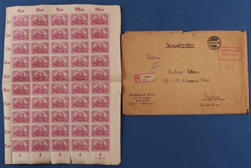 GERMANY 1920 redrawn Definitive 2.50Mk claret full sheets (5). MNH **.
