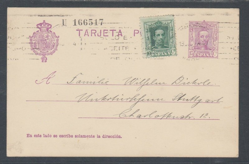 Spain H&G 65 used. 1927 uprated 15c Postal Card, Madrid-Stuttgart, Germany