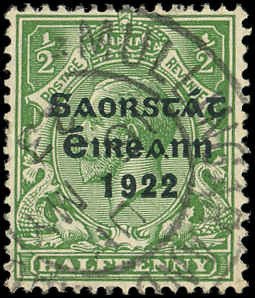 IRELAND Sc 44 F-VF USED - 1922 ½p Green - KGV with Overprint in Black
