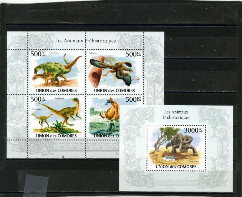 COMOROS 2010 PREHISTORIC ANIMALS SHEET OF 4 STAMPS & S/S MNH