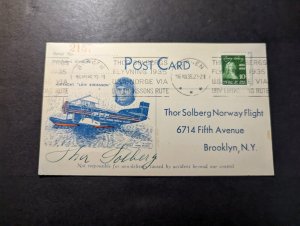 1935 Norway Airmail Pilot Signed Cover Bergen to Brooklyn NY USA Thor Solberg